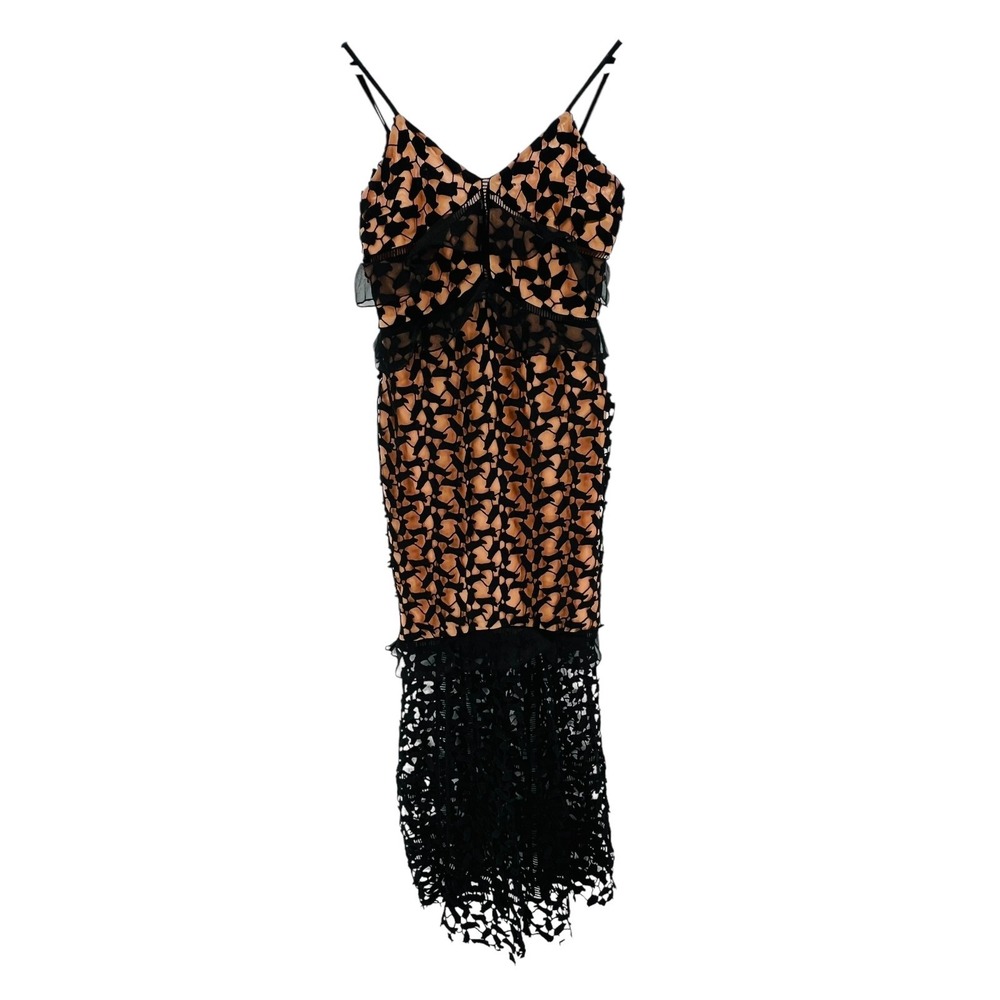 Few Moda Maxi‎ Dress Black Nude Mesh Crochet Overlay Ruffle Detail Party Size M
